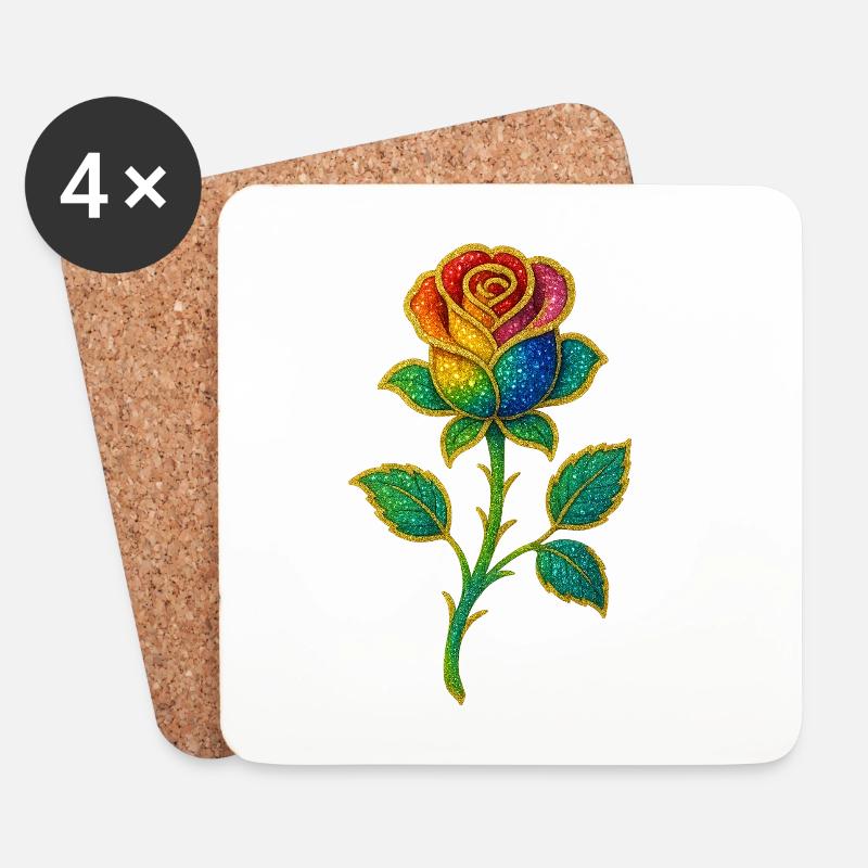Regenbogen-Glitzer-Rosen-Design - Untersetzer (4er-Set) - Weiß
