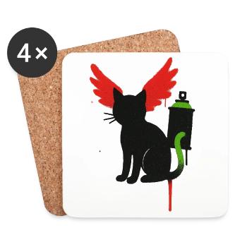 Black Cat with Flame Wings and Spray Can - Coasters (set of 4) - white - Front