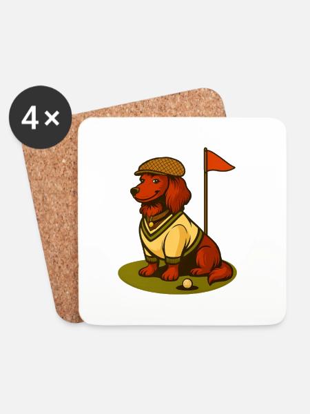 Golf dachshund in retro outfit with flag. - Coasters (set of 4) - white