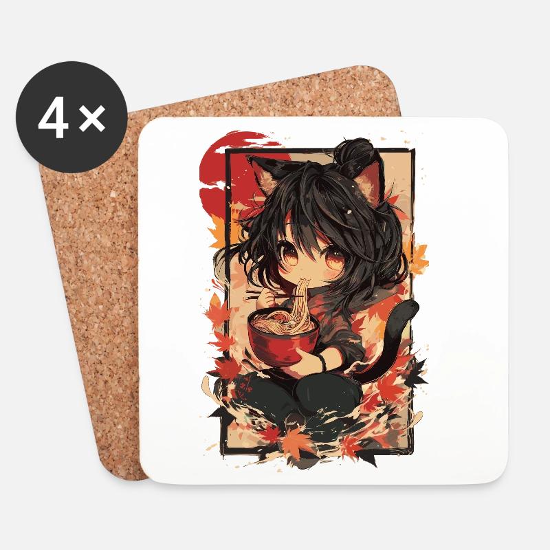 Katzenmädchen Ramen Herbst - Untersetzer (4er-Set) - Weiß