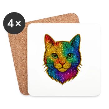 Rainbow Cat Head Glitter - Coasters (set of 4) - white - Front