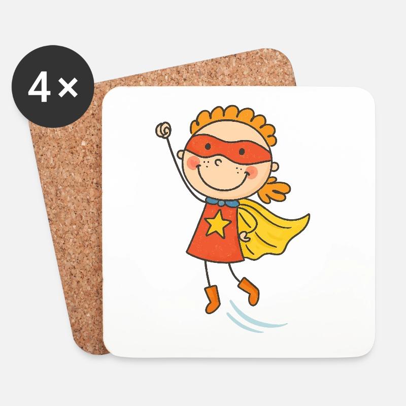 Fröhliches Kind Superheld Karikatur - Untersetzer (4er-Set) - Weiß