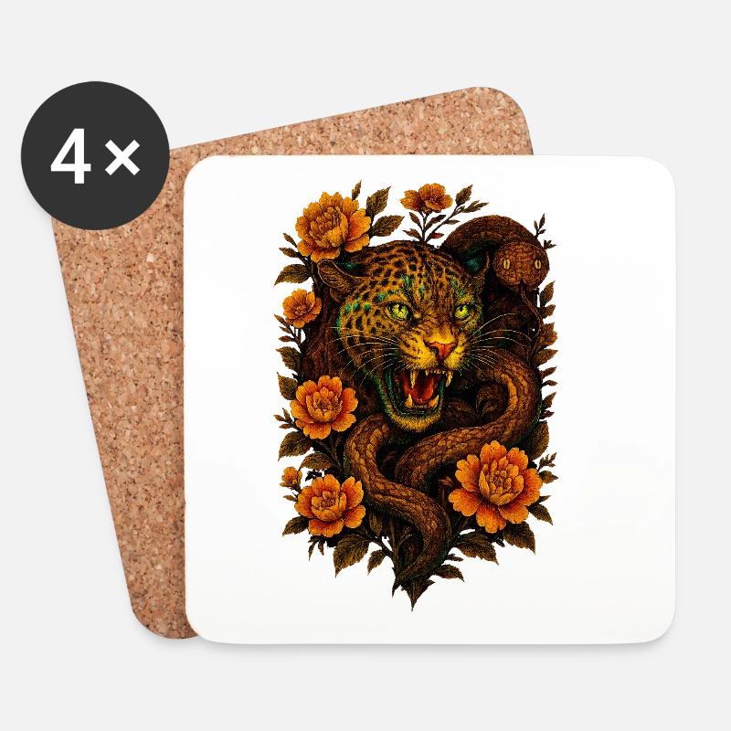 Fauchender Leopard & Schlange im Retro Design - Untersetzer (4er-Set) - Weiß