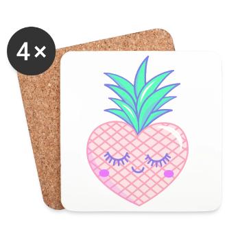 Pink Heart Pineapple Kawaii Pastel Colors - Dessous de verre (lot de 4) - blanc - Devant