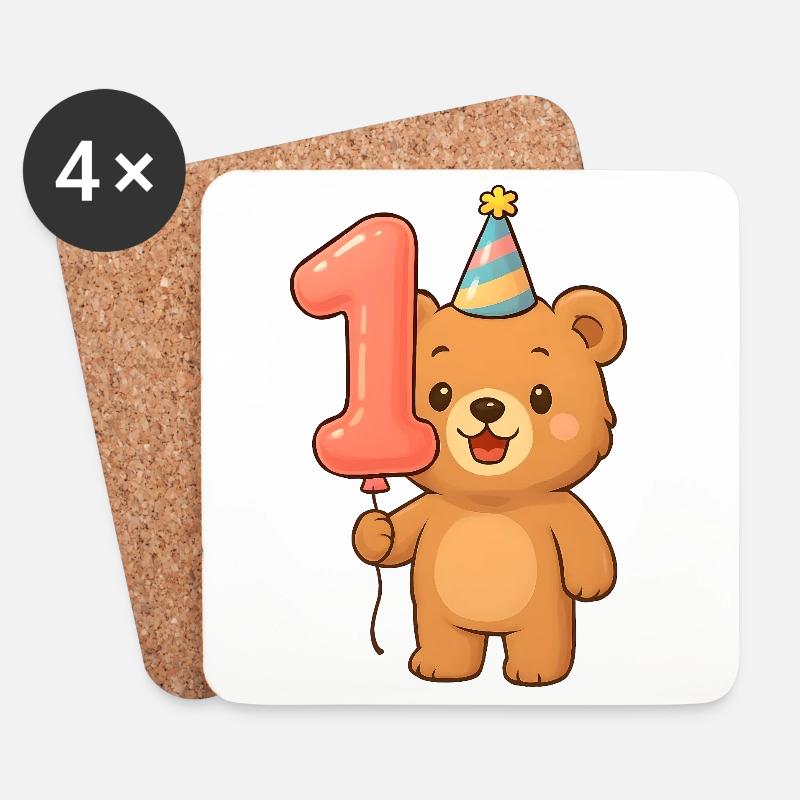 Bär mit Luftballon zum 1. Geburtstag - Untersetzer (4er-Set) - Weiß