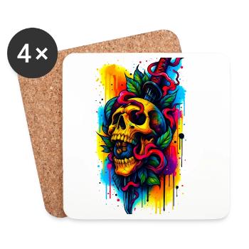 Crâne coloré avec couteau et feuilles - Dessous de verre (lot de 4) - blanc - Devant