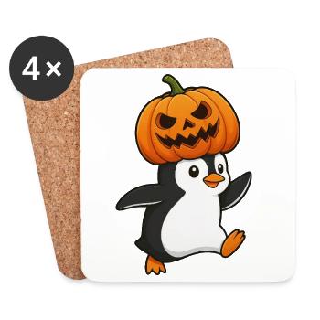 Cute Halloween Penguin with Hat and Pumpkin Cartoon - Coasters (set of 4) - white - Front