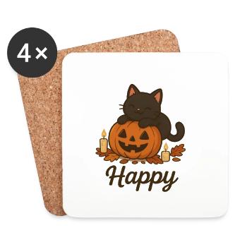 Halloween Black Cat – Happy - Coasters (set of 4) - white - Front