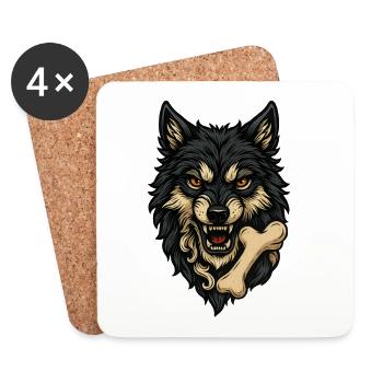 Wolfsangriff: Wolfskopf mit Knochen - Untersetzer (4er-Set) - Weiß - Vorne