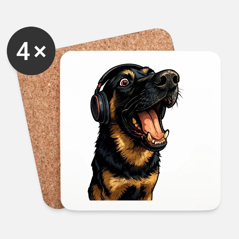 Kopfhörer-Rottweiler Portrait - Untersetzer (4er-Set) - Weiß