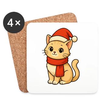 Winter Cat with Santa Hat - Coasters (set of 4) - white - Front