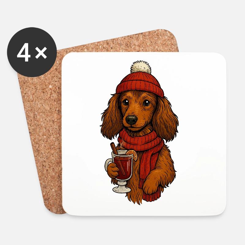 Winterwärme Hund mit Getränk - Untersetzer (4er-Set) - Weiß