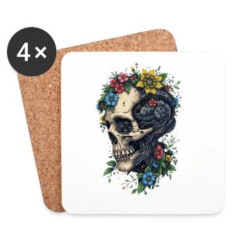 Crâne floral et machine steampunk - Dessous de verre (lot de 4) - blanc - Devant