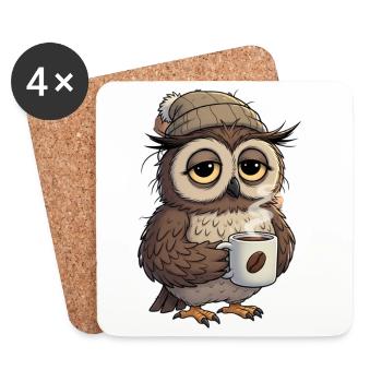 Verschlafene Eule Mit Kaffeetasse Cartoon - Untersetzer (4er-Set) - Weiß - Vorne