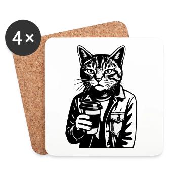 Barista chat en sweat à capuche - Dessous de verre (lot de 4) - blanc - Devant