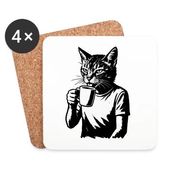 Katzenbarista: Schwarzweiß-Illustration - Untersetzer (4er-Set) - Weiß - Vorne