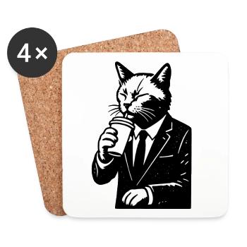 Cat in a suit drinks coffee - Coasters (set of 4) - white - Front