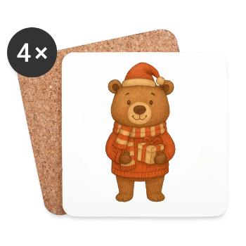 Petit ours de Noël mignon avec cadeau - Dessous de verre (lot de 4) - blanc - Devant