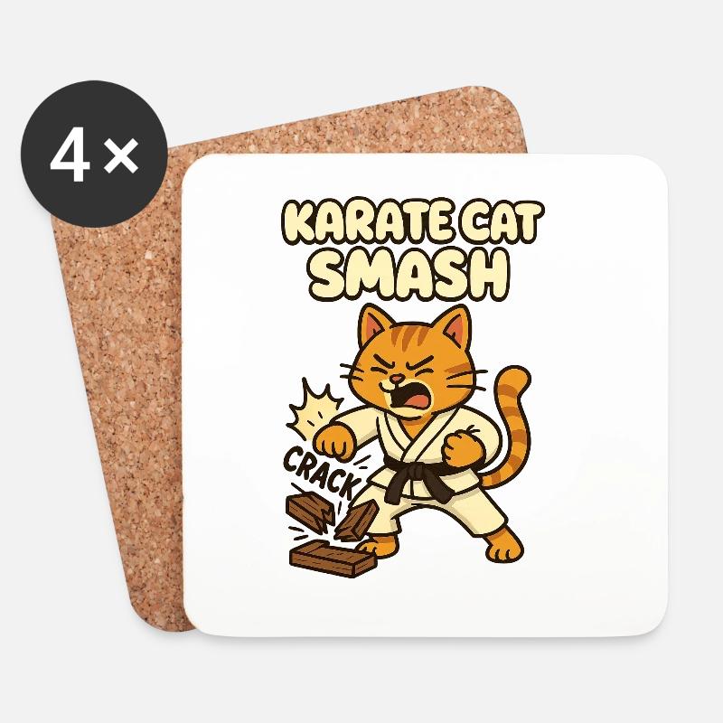 Karate Cat Smash - Dessous de verre (lot de 4) - blanc