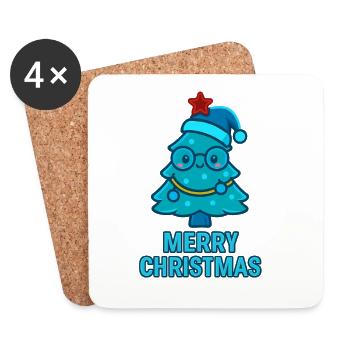 Blauer Comic-Weihnachtsbaum mit Brille - Untersetzer (4er-Set) - Weiß - Vorne