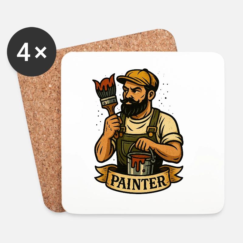 Pinselheld Maler-Logo - Untersetzer (4er-Set) - Weiß