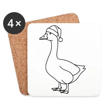 Goose with Santa Hat – Christmas Line Art - Coasters (set of 4) - white - Front