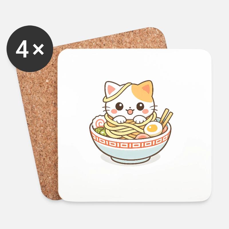 Kawaii Katze Ramen Nudeln Anime - Untersetzer (4er-Set) - Weiß