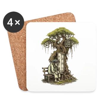 Treehouse poem: Old man squats in front of tree - Coasters (set of 4) - white - Front