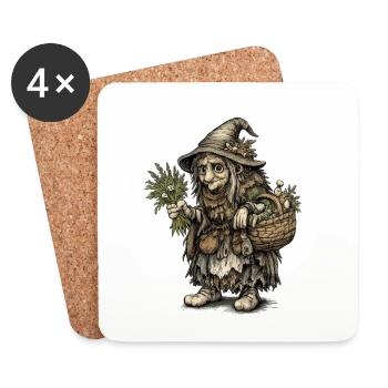Sorcière des herbes | Sorcière de la récolte avec panier et herbes - Dessous de verre (lot de 4) - blanc - Devant