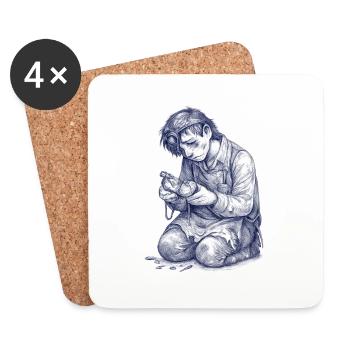 Kneeling Craftsman | Hand Painted Drawing - Coasters (set of 4) - white - Front