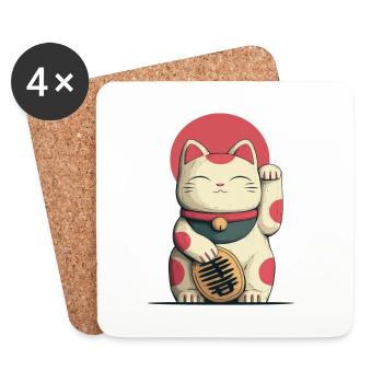 Maneki-Neko Glücks-Katze - Untersetzer (4er-Set) - Weiß - Vorne
