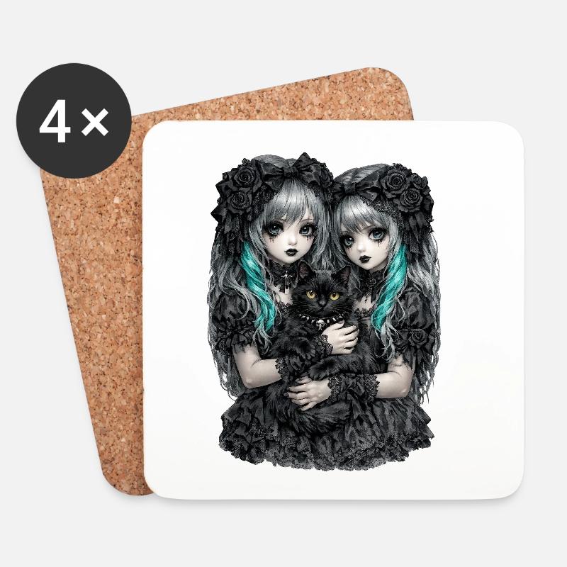 Gothic Zwillinge und schwarze Katze - Untersetzer (4er-Set) - Weiß