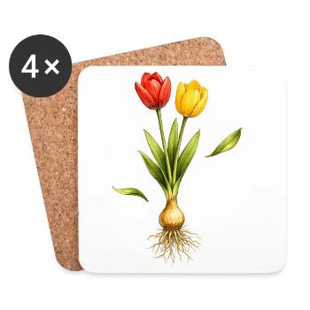 Deux tulipes avec un bulbe et des racines visibles - Dessous de verre (lot de 4) - blanc - Devant