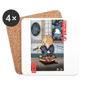 Kawaii Cat Eating Ramen Shirt - Coasters (set of 4) - white - Front