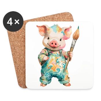 Colorful Pig with Brush - Coasters (set of 4) - white - Front