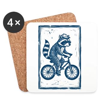 Waschbär auf Fahrrad blauer Linoldruck - Untersetzer (4er-Set) - Weiß - Vorne