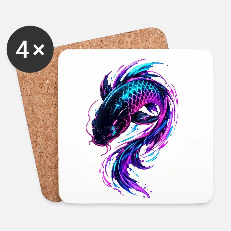 Neon Koi Flow - Untersetzer (4er-Set) - Weiß