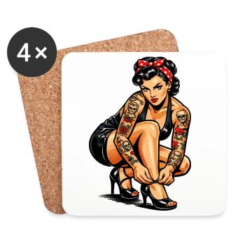 Old School Pin-Up Girl : Tatouage rétro fort - Dessous de verre (lot de 4) - blanc - Devant