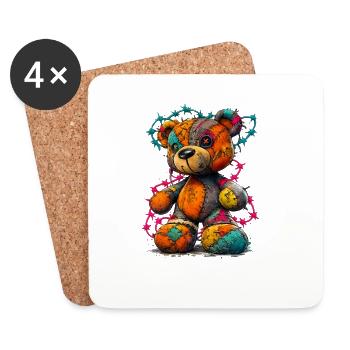 Patchwork Teddybär mit Neonfäden - Untersetzer (4er-Set) - Weiß - Vorne