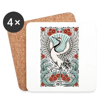 Grue aux fleurs et aux vagues - Dessous de verre (lot de 4) - blanc - Devant