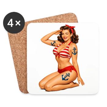 Pin-Up Retro : Art vintage de tatouage en bikini - Dessous de verre (lot de 4) - blanc - Devant