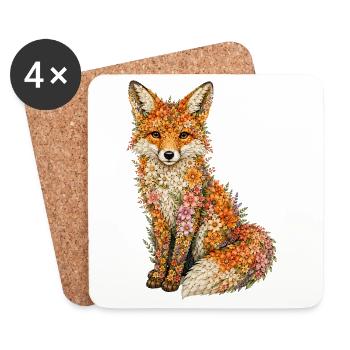 Renard Fleur | Renard floral fait de fleurs sauvages - Dessous de verre (lot de 4) - blanc - Devant