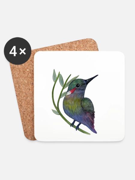 Colorful hummingbird on leaf branch - Coasters (set of 4) - white