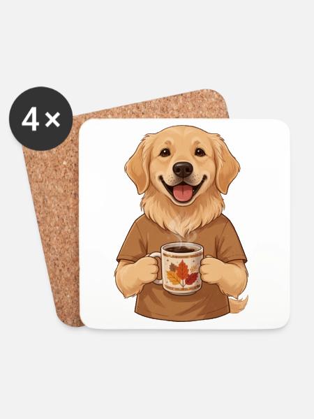 Golden Retriever Kaffee Herbst Hund Motiv - Untersetzer (4er-Set) - Weiß