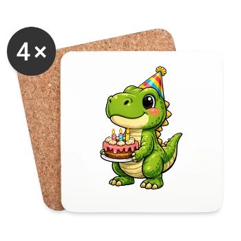 Kleiner Dino mit Geburtstagskuchen - Untersetzer (4er-Set) - Weiß - Vorne