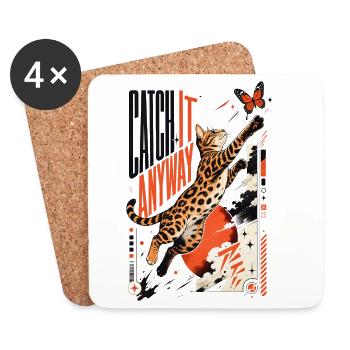 Catch It Anyway – Dynamic Bengal Cat Jump - Coasters (set of 4) - white - Front