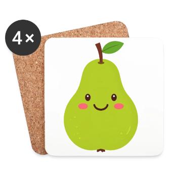 Poire de kawaï verte – Motif de fruits sucrés - Dessous de verre (lot de 4) - blanc - Devant
