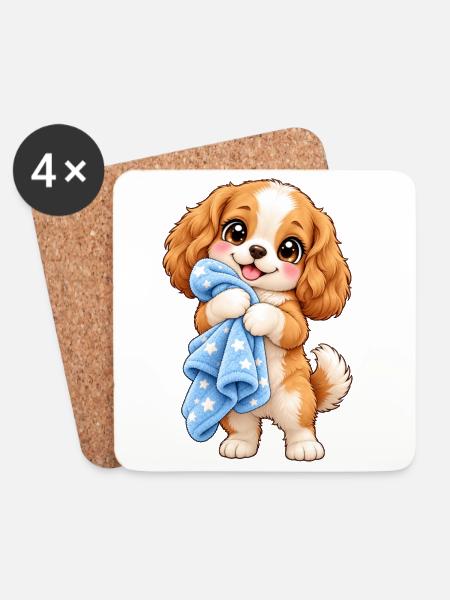 Kawaii-Hund mit seiner Decke - Untersetzer (4er-Set) - Weiß