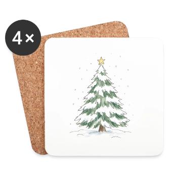Schneebedeckter Weihnachtsbaum mit goldenem Stern - Untersetzer (4er-Set) - Weiß - Vorne