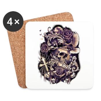 Crâne avec colombe croix fleurs tatouage religieux Art - Dessous de verre (lot de 4) - blanc - Devant